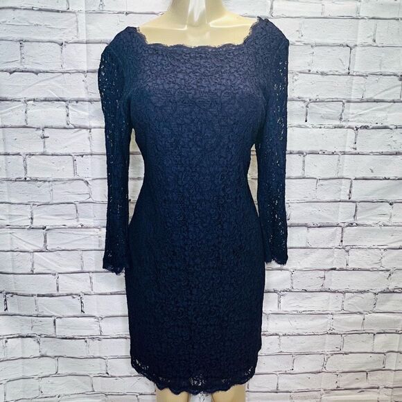 Adrianna Papell Womens Navy Blue Lace Overlay Evening Sheath Dress Size 14 - Picture 1 of 8